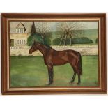 A good selection of equestrian pictures: Anne Mulleneux, Chestnut Bay in Meadow, oil on board,