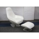 A MODERN WHITE LEATHER SWIVEL LOUNGE CHAIR AND FOOTSTOOL, on flat steel base, designed by Matthew