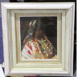 An oil painted portrait of an African woman dressed in her finery with headdress. 24x19cm