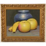 C. Marena, 20th Century still life, fruit with blue jar, oil on canvas, signed lower right in gilt