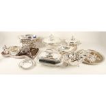 A quantity of Sheffield plated items, including two baskets, three tureens, cruet sets, fish