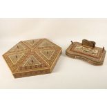 A Persian micro mosaic hexagonal 6 lidded box, together with a desk top letter and pen holder with