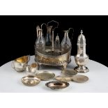 A mixed lot of Antique Sterling Silver items to include a George III cruet frame by James Mince,