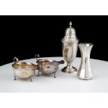 A mixed lot of Antique Sterling Silver items to include a George V sugar castor, a pair of Edwardian