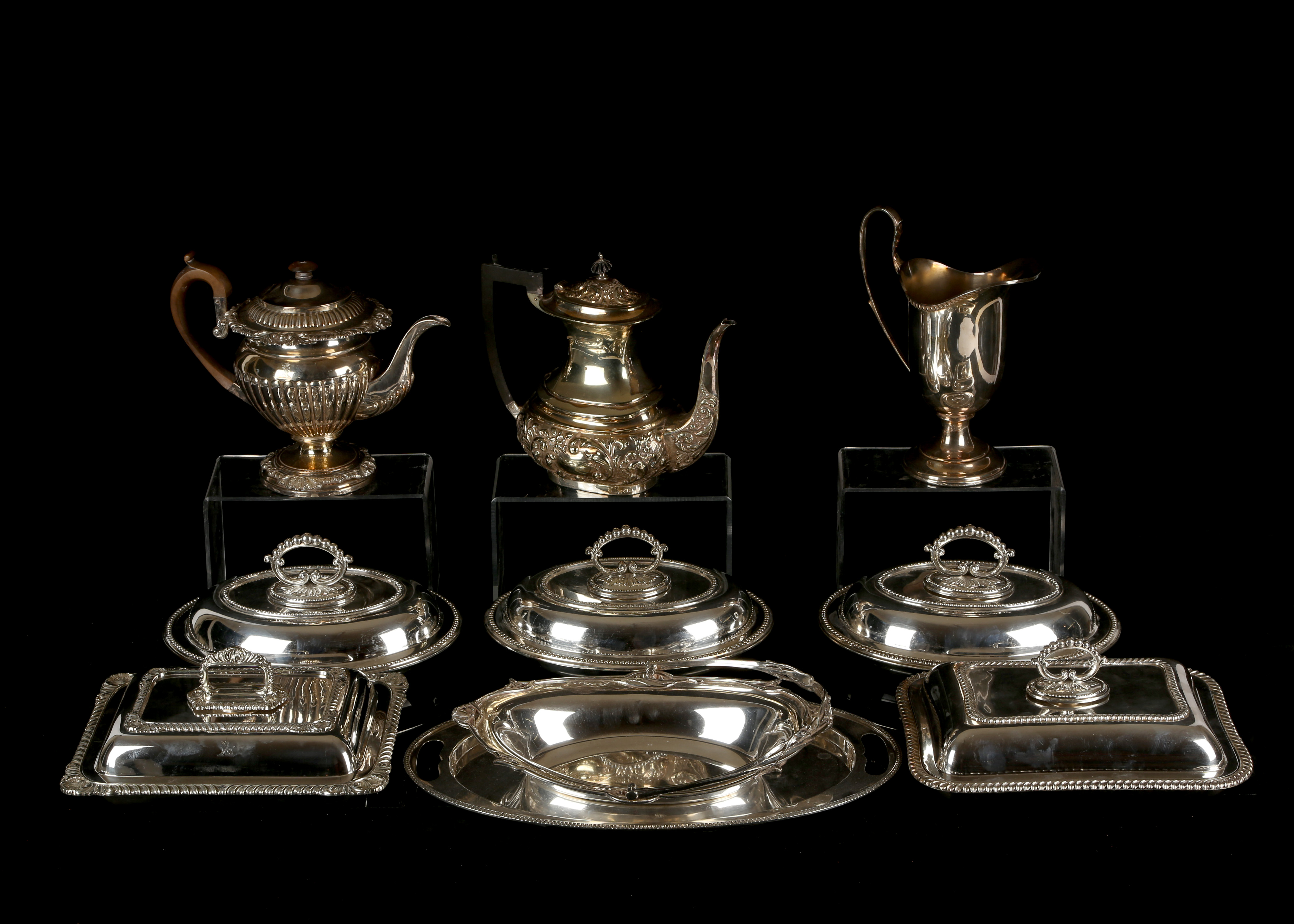 A mixed lot of Antique Silver plated items to include teapots, entree diehes, etc.