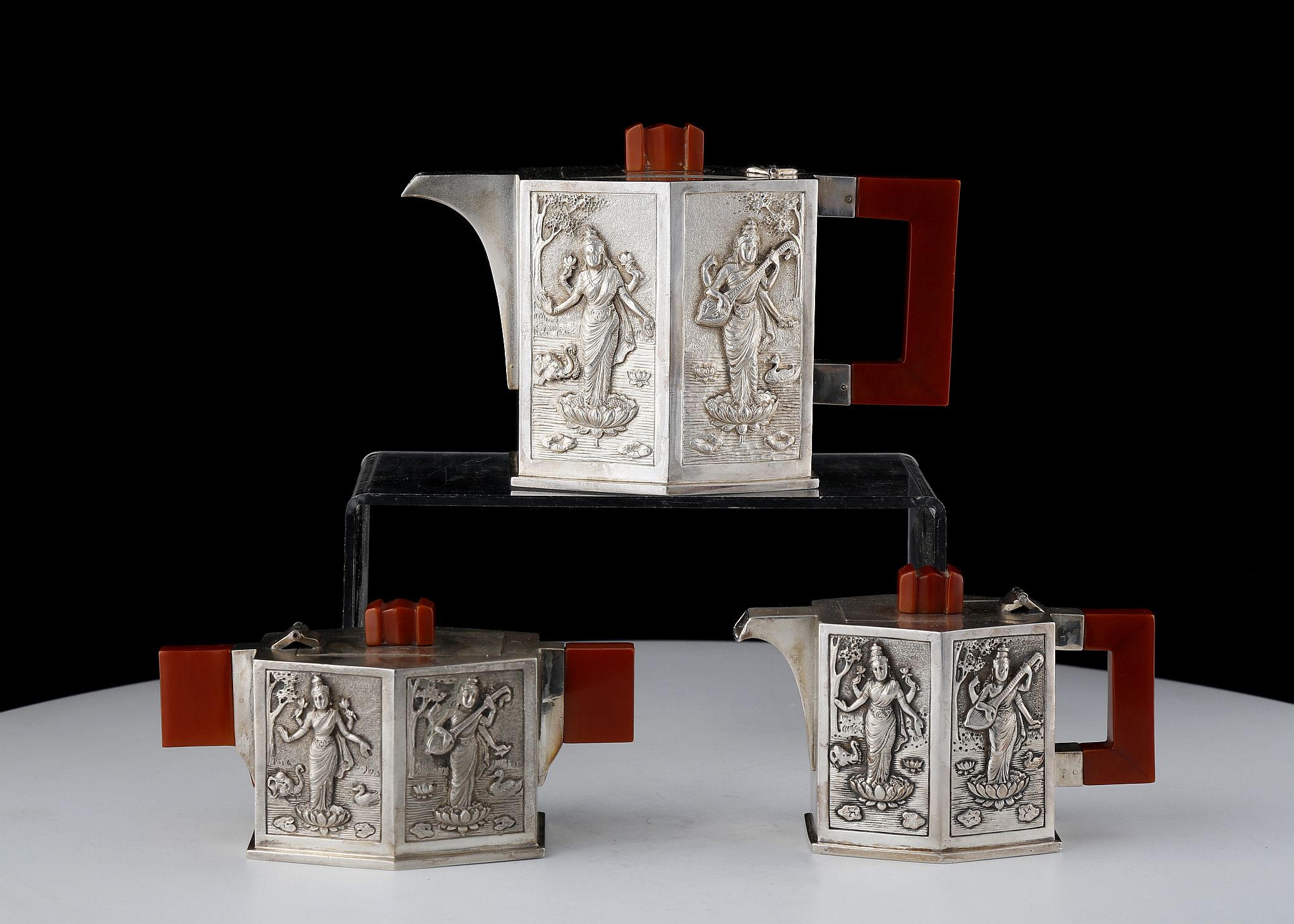 Antique Asian Silver three piece tea set, probably Northern India or Southern China, c1940.