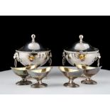 Pair of Antique 19th Century Old Sheffield Silver plate sauce tureens On square bases, the bodies