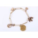 An 18ct gold long-link charm bracelet with 18ct gold mounted 1 Ducat gold coin and four 9ct charms