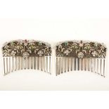 A pair of antique silver hair combs, having foliate engraved decoration and applied gold floral