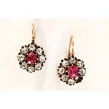 A pair of 19th Century Russian 14ct gold, synthetic ruby and diamond cluster earrings, the central