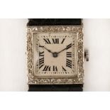 A ladies c.1930's French platinum cased dress watch, with diamond set square bezel, Roman numerals