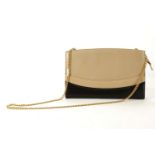 SALVATORE FERRAGAMO SHOULDER BAG, 1990s, taupe and black leather with gilt metal chain strap, 29cm