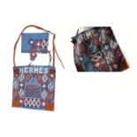 HERMES SILKY CITY BAG, date code for 2009, blue, red, and white patterned silk with tan barenia