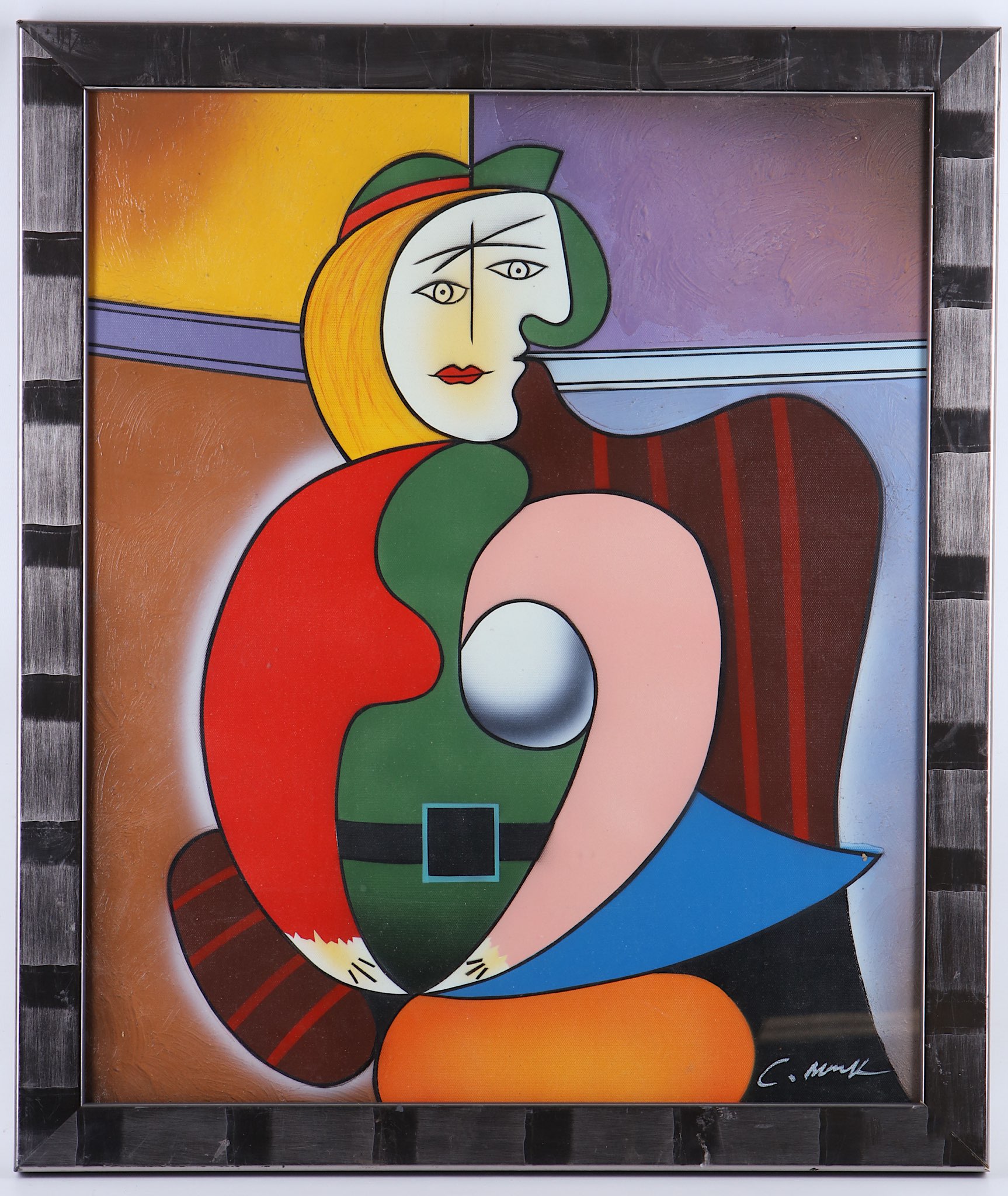 Homage to Pablo Picasso, a studio image portrait of a seated woman in abstract, 58,5 x 48cm.