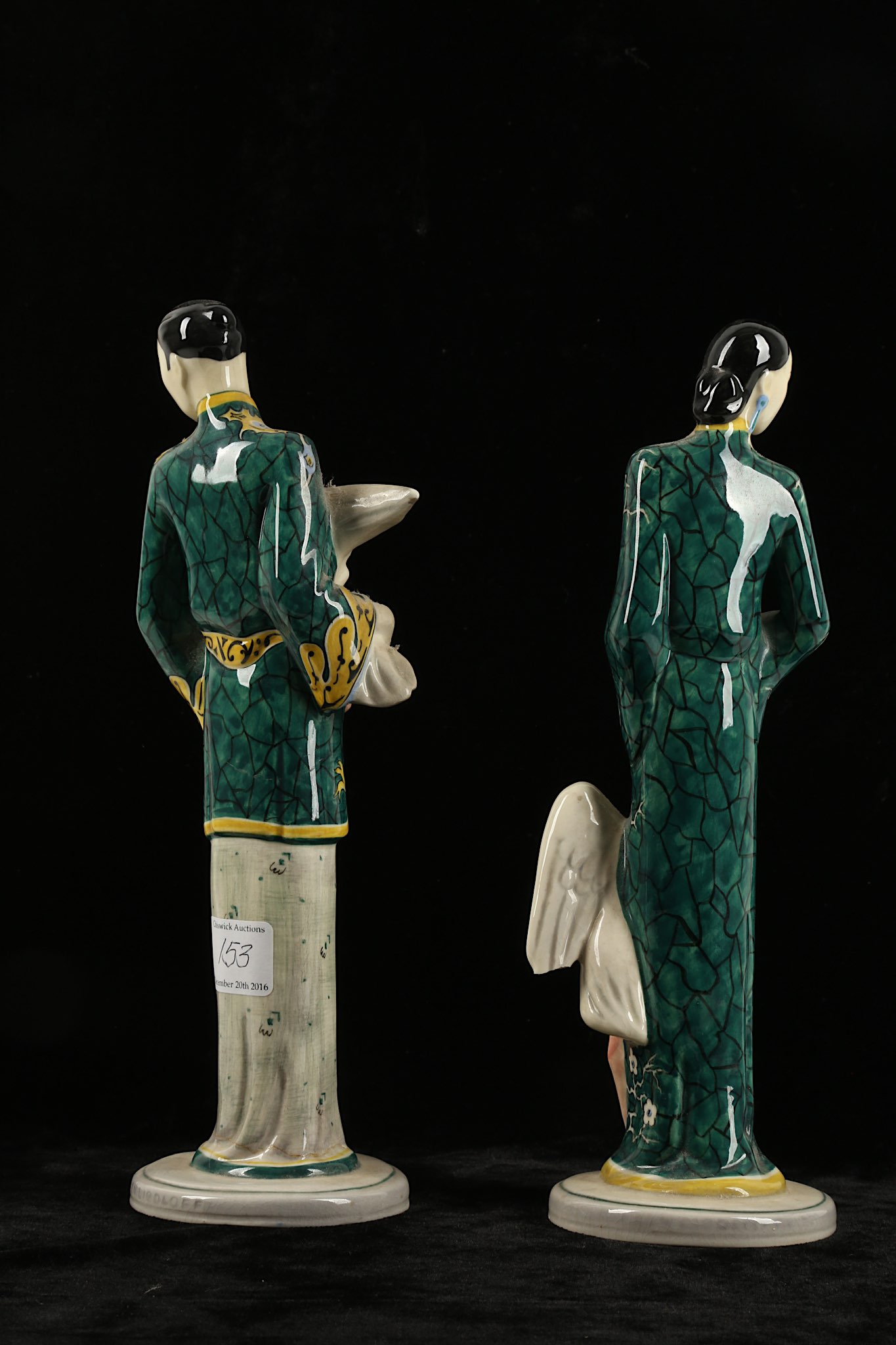 A pair of Art Deco unusual porcelain Oriental figures, in French 'Primavera' manner, both polychrome - Image 4 of 5