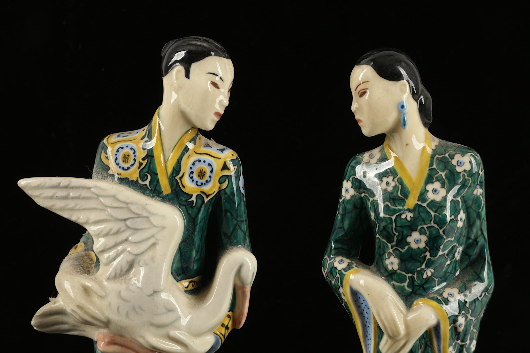 A pair of Art Deco unusual porcelain Oriental figures, in French 'Primavera' manner, both polychrome - Image 2 of 5