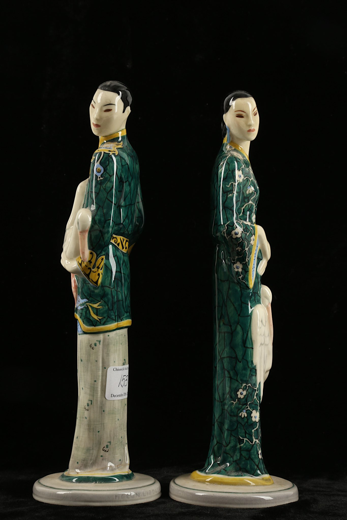 A pair of Art Deco unusual porcelain Oriental figures, in French 'Primavera' manner, both polychrome - Image 3 of 5