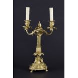A gilt metal twin-branch table lamp with scrolling acanthus leaf arms,