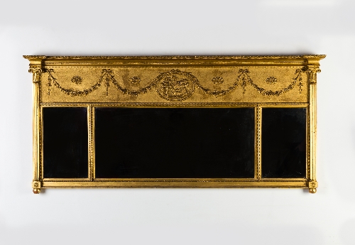A Regency style three-part gilt overmantel mirror,