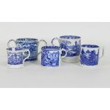 A large blue and white two-handled mug and four blue and white mugs