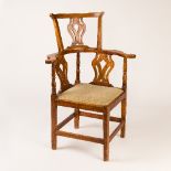 A George II elm and ash corner chair with pierced splat back, 102.
