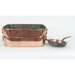 Two large copper two-handled pans by J.M. Saunders of Dublin, stamped and a copper frying pan, 55.