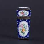 A Bilston enamel cased etui decorated floral reserves within raised white scroll borders on a