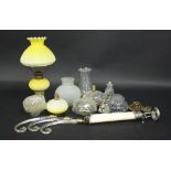 A Victorian glass oil lamp with ribbed yellow Burmese glass shade and well, a matching well,