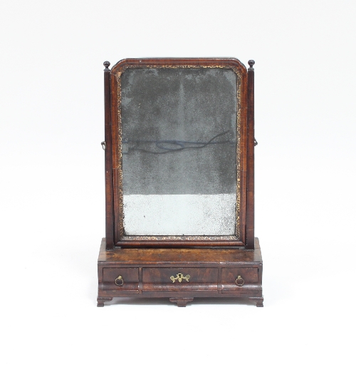 A George II walnut three-drawer dressing mirror with rectangular bevelled plate, 63cm high Condition