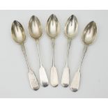 Five Russian silver fiddle pattern spoons, AK, circa 1910,