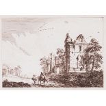 After Paul Sandby/Landscape with ruins/sepia engraving and After Thomas Sandby/Dutch Battle Scene