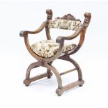 An Italian walnut armchair with open back,