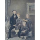 19th Century English School/Portrait of a Father and Three Children/full length, seated/watercolour,