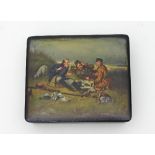 A Russian lacquer box, the lid painted with a picnic scene after B.G.