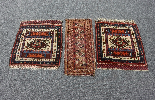 Two Hamadan mats with central geometric field, 56cm x 65cm and a small Caucasian mat,