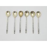 Six Russian silver niello tea spoons,