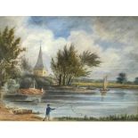 English 19th Century School/Fishing on a River Bank/watercolour, 18cm x 24.