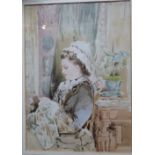 19th Century English School/Lady Seated at a Window Sewing/watercolour, 23cm x 16.