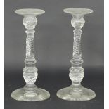 A pair of cut glass candlesticks with spiral flute knopped stems, 32cm high/Provenance: Plas Gwyn,