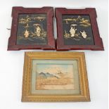 A pair of Japanese shibayama panels and a cork picture