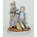 A Meissen style porcelain figure group, three Staffordshire pottery figure groups,