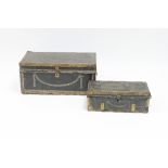 A Cantonese export trunk, leather covered and with brass studs, 75cm wide and another,