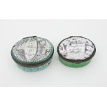 Two Bilston enamel patch boxes, late 18th Century, of oval shape, one 'Remembrance of Friendship',