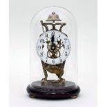 A skeleton clock, the white enamel chapter ring with subsidiary seconds dial,