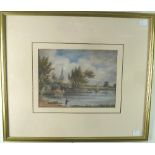 19th Century English School/Fishing on a River Bank/watercolour, 18cm x 24.