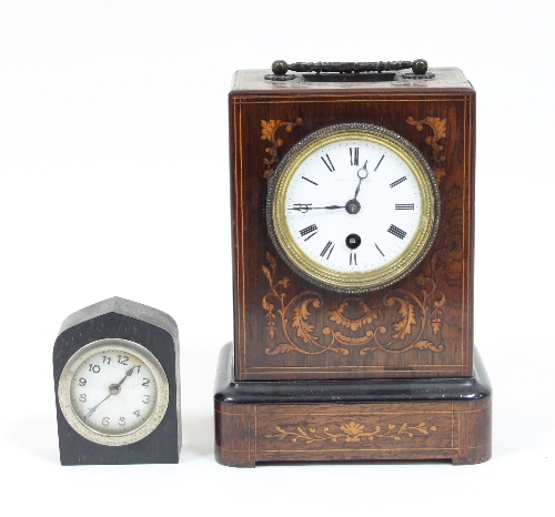 A Victorian marquetry mantel clock, the enamel dial marked Leroy à Paris, within a rosewood,