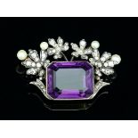 An amethyst, diamond and pearl brooch, adapted from a larger piece,