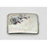 A Continental enamelled cigarette box decorated with two Borzoi hounds, marked 800,