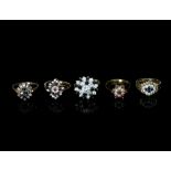 Five gem set cluster rings, each on a 9ct gold shank,