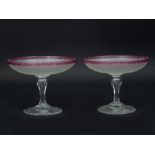 A pair of frosted glass tazze, with pink splash rims,